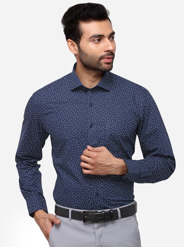 Navy Blue Printed Regular Fit Formal Shirt | Greenfibre