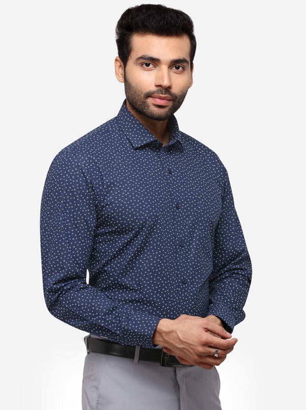Navy Blue Printed Regular Fit Formal Shirt | Greenfibre