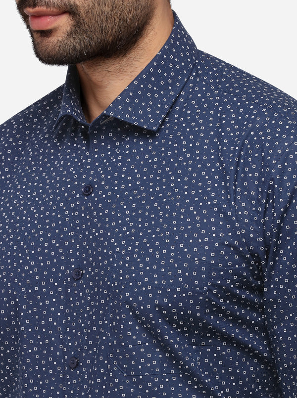 Navy Blue Printed Regular Fit Formal Shirt | Greenfibre