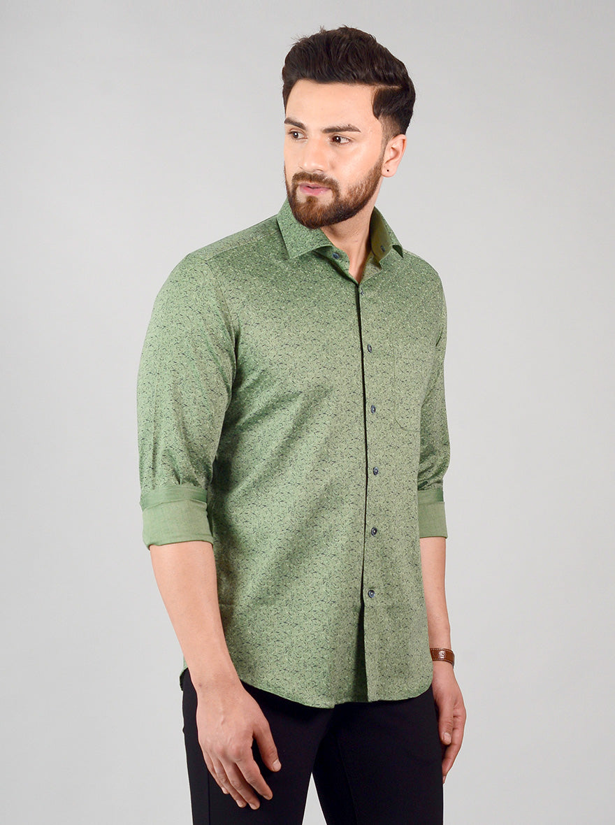 Olive Green Printed Slim Fit Evening Wear Shirt | Metal