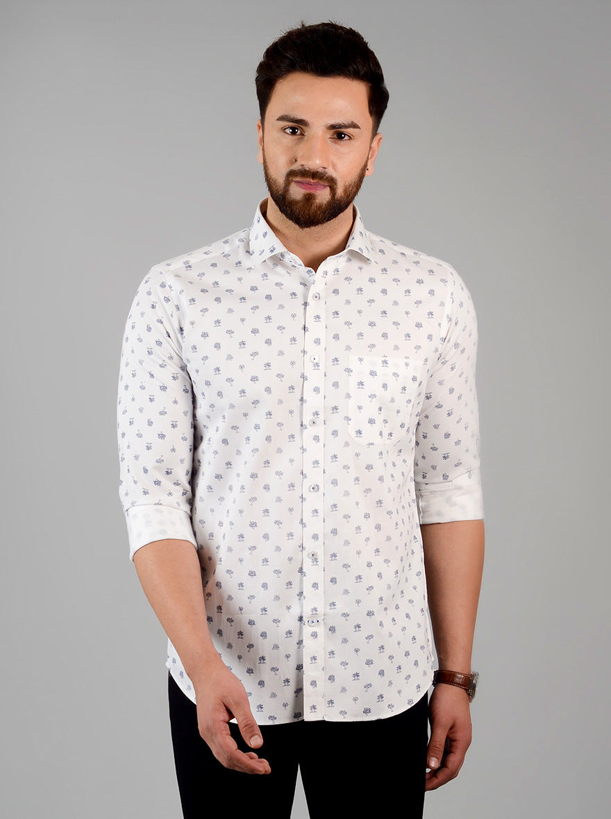 White Printed Slim Fit Formal Shirt | Greenfibre