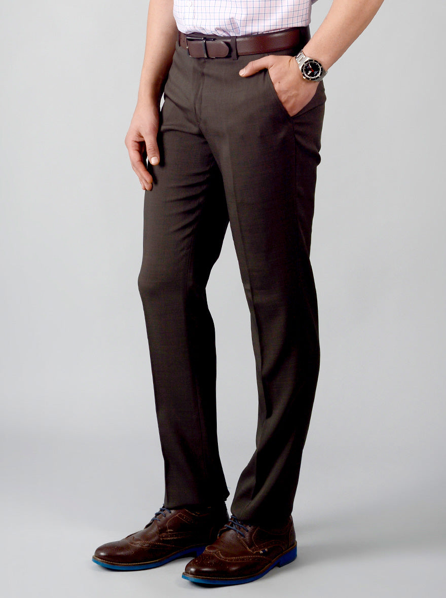 Brown Self Textured Slim Fit Formal Trouser | JadeBlue