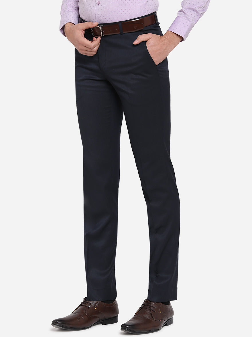 Dark Blue Solid Slim Fit Formal Trouser | Greenfibre