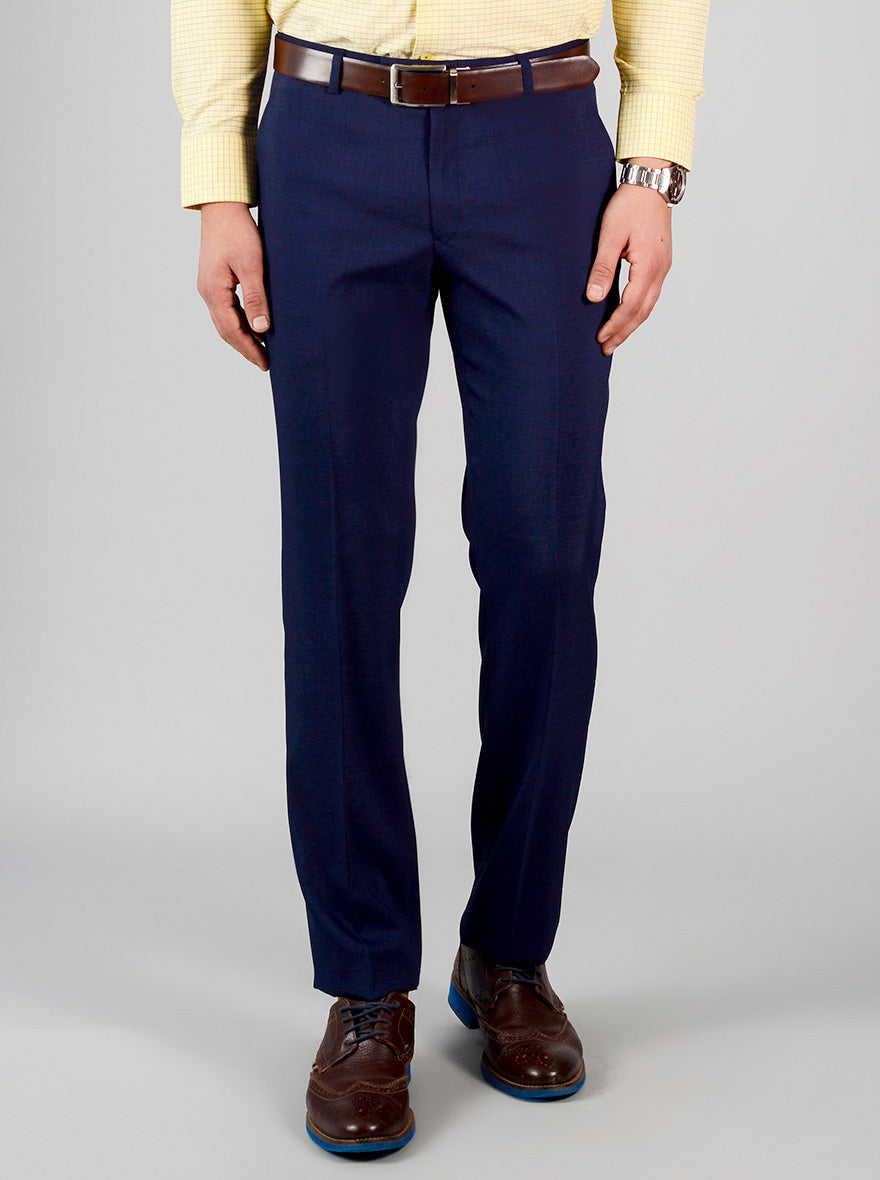 Navy Blue Self Textured Slim Fit Formal Trouser | JadeBlue