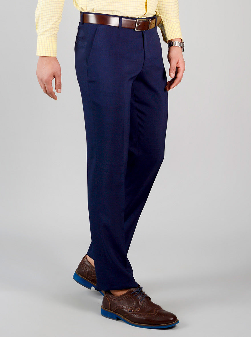 Navy Blue Self Textured Slim Fit Formal Trouser | JadeBlue