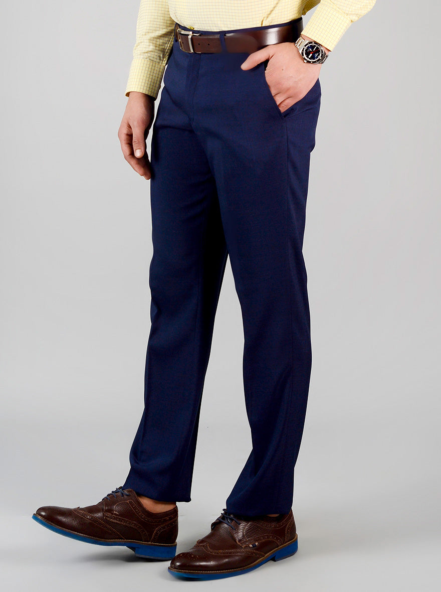 Navy Blue Self Textured Slim Fit Formal Trouser | JadeBlue