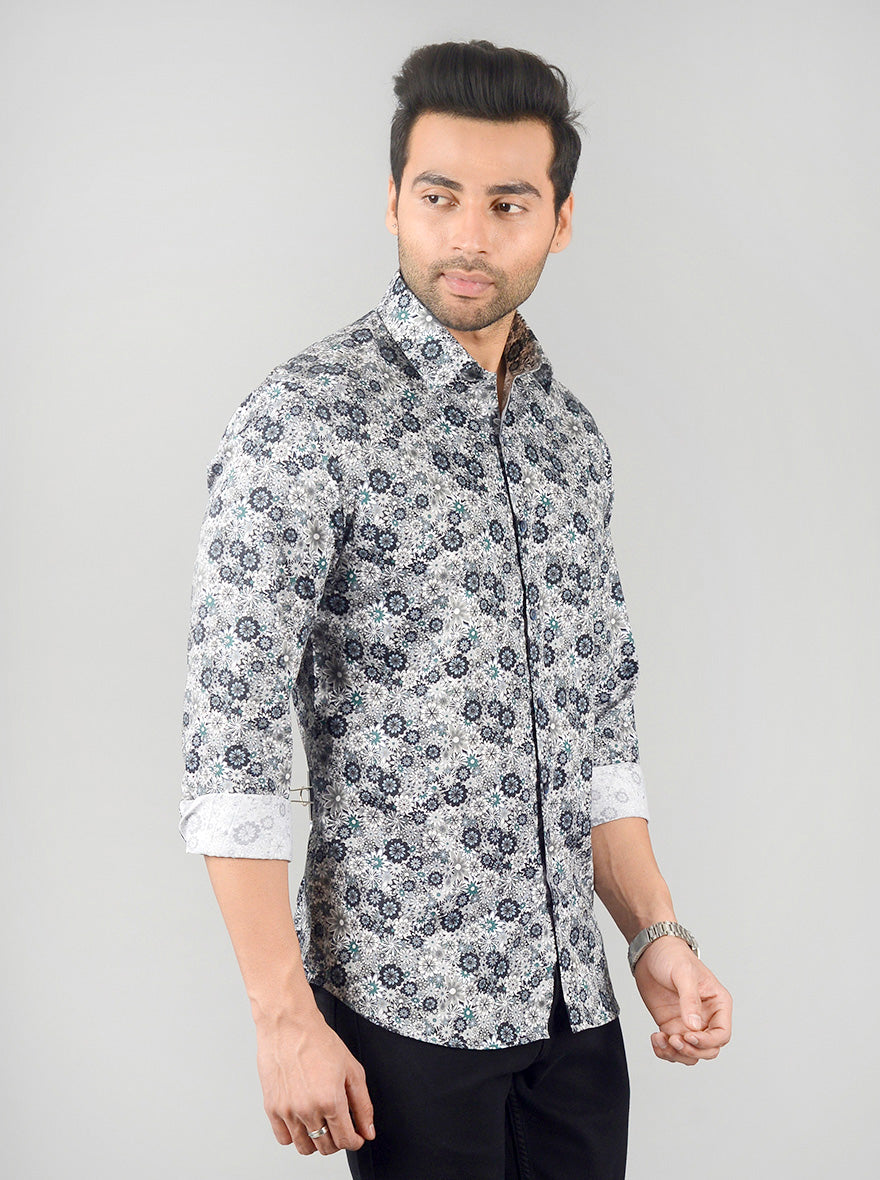 Grey & Blue Printed Slim Fit Party Wear Shirt | Wyre