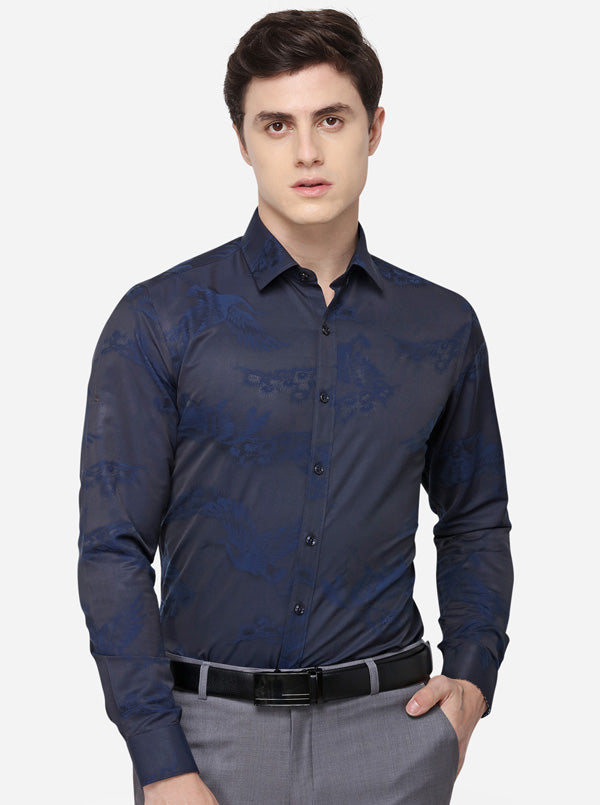 Blue Printed Slim Fit Party Wear Shirt | JB Studio