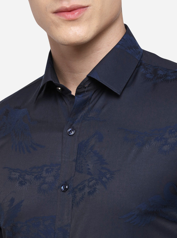 Blue Printed Slim Fit Party Wear Shirt | JB Studio