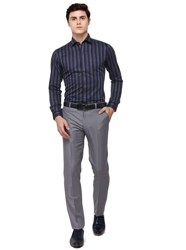 Navy Blue Striped Regular Fit Formal Shirt | JadeBlue