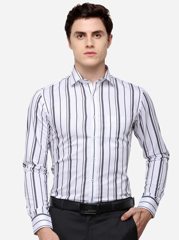 White & Grey Striped Regular Fit Formal Shirt | JadeBlue