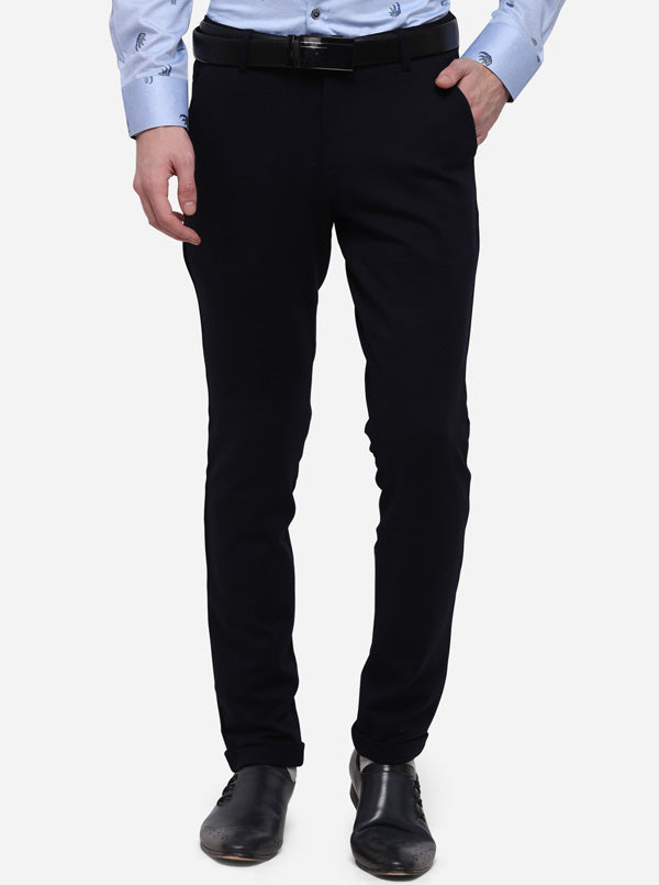 Navy Blue Solid Slim Fit Formal Trouser | JB Studio