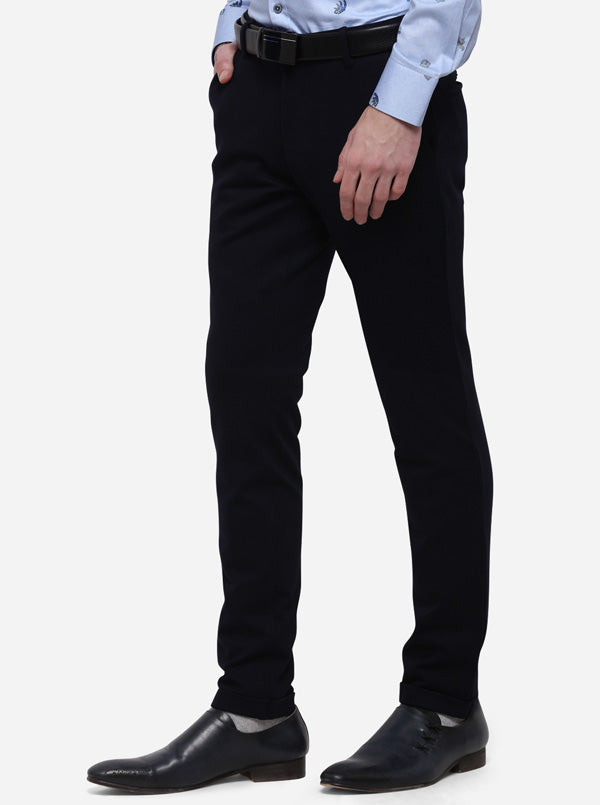 Navy Blue Solid Slim Fit Formal Trouser | JB Studio
