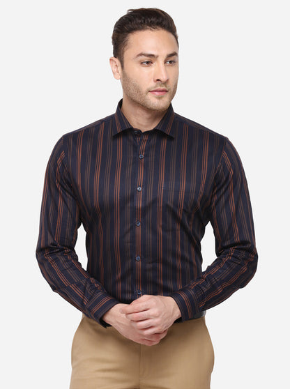 Navy Blue Striped Regular Fit Formal Shirt | JadeBlue