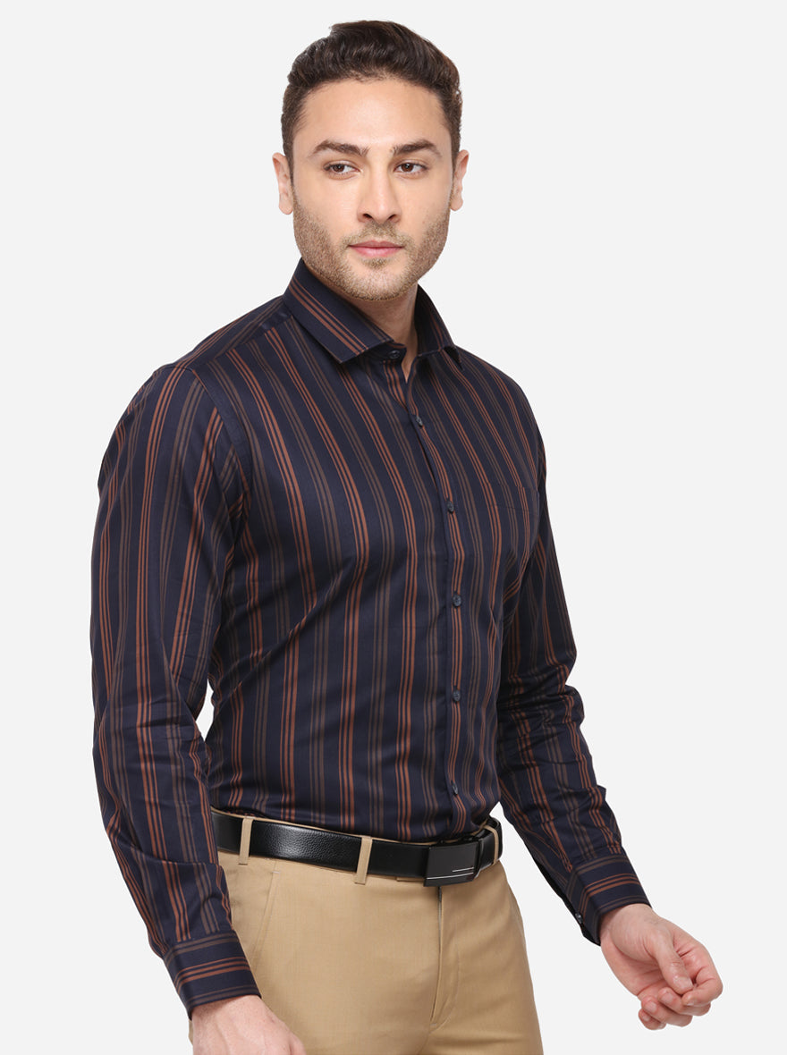 Navy Blue Striped Regular Fit Formal Shirt | JadeBlue