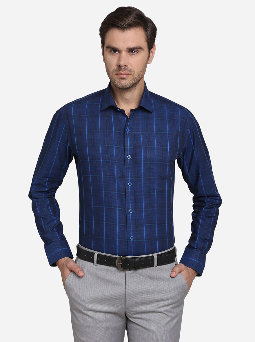 Dark Blue Checked Slim Fit Formal Shirt | JadeBlue