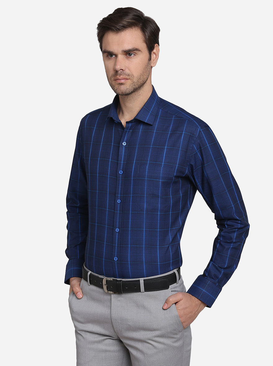 Dark Blue Checked Slim Fit Formal Shirt | JadeBlue