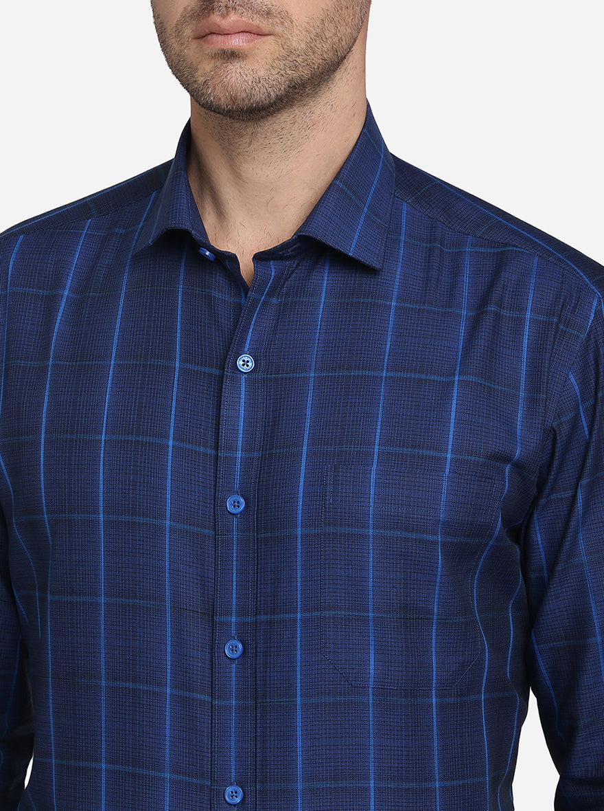 Dark Blue Checked Slim Fit Formal Shirt | JadeBlue