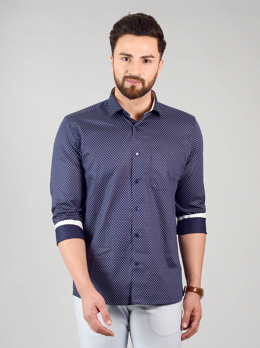 Navy Blue Printed Regular Fit Formal Shirt | Greenfibre