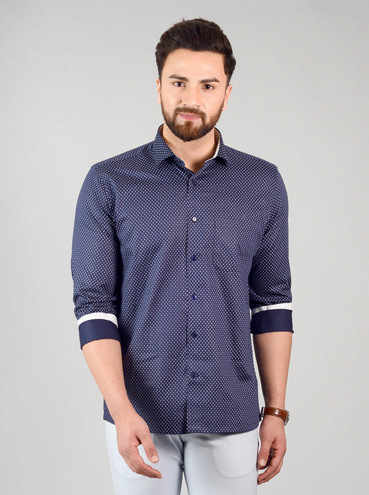 Navy Blue Printed Regular Fit Formal Shirt | Greenfibre