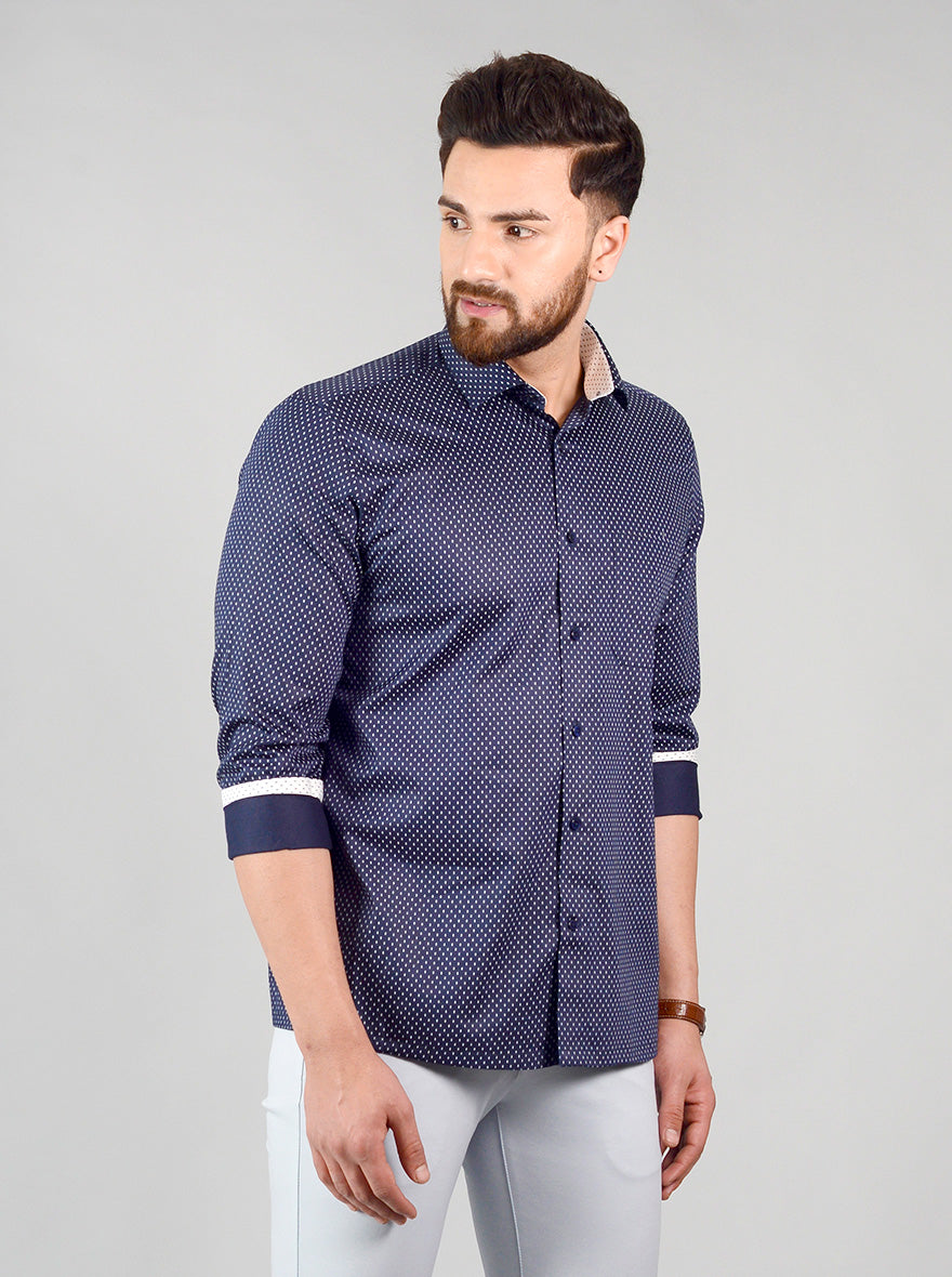 Navy Blue Printed Regular Fit Formal Shirt | Greenfibre