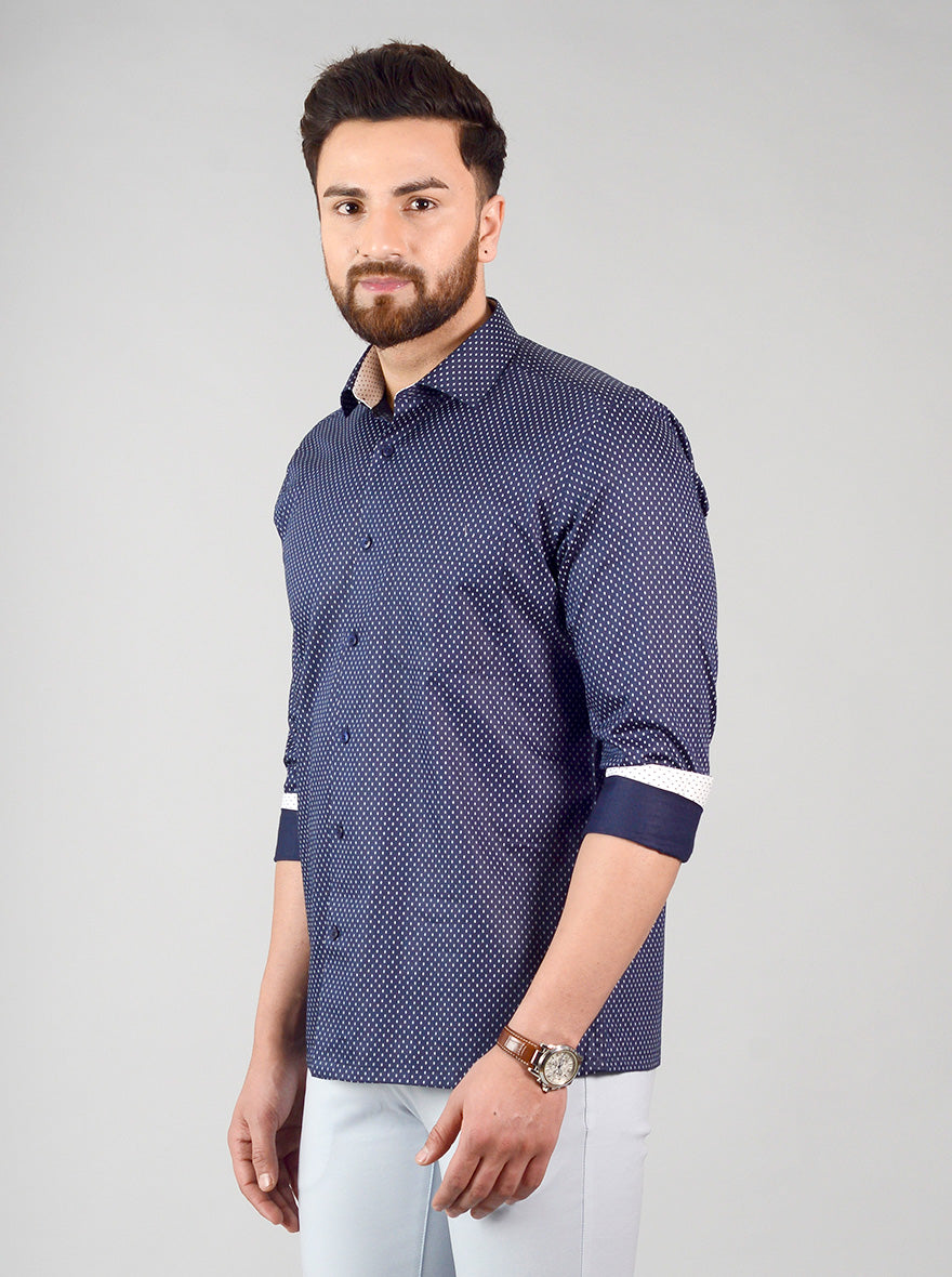 Navy Blue Printed Regular Fit Formal Shirt | Greenfibre