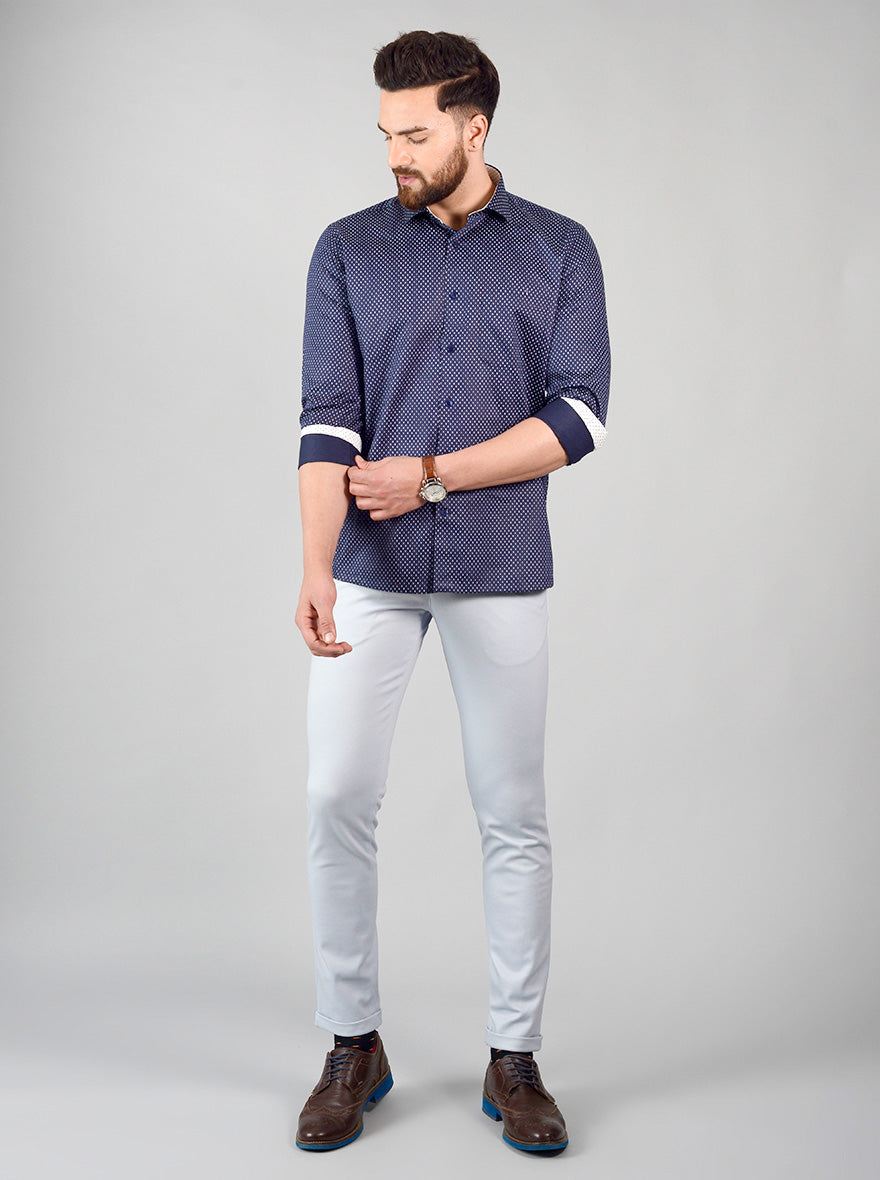 Navy Blue Printed Regular Fit Formal Shirt | Greenfibre