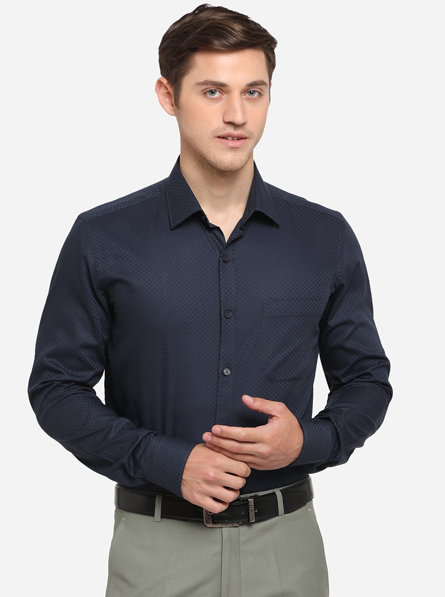 Navy Blue Dobby Slim Fit Formal Shirt | JadeBlue