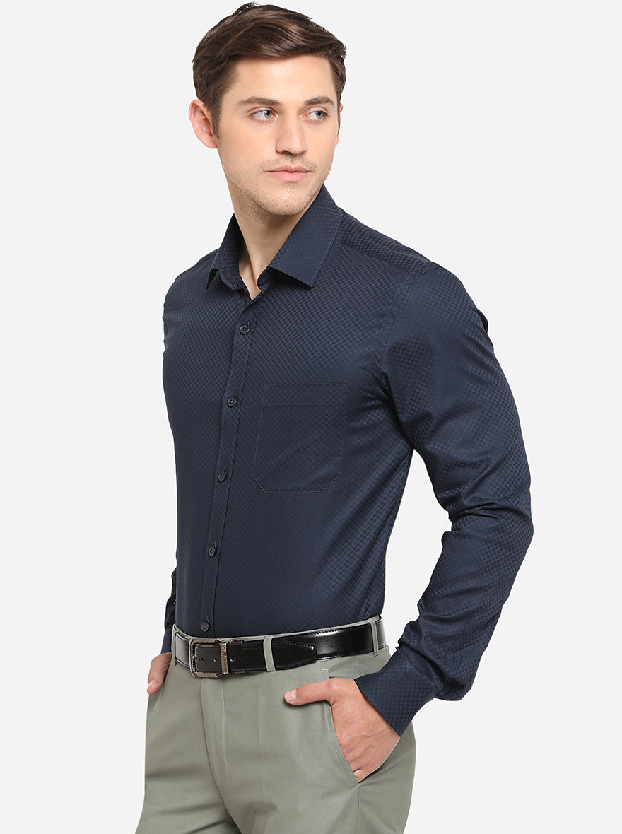 Navy Blue Dobby Slim Fit Formal Shirt | JadeBlue