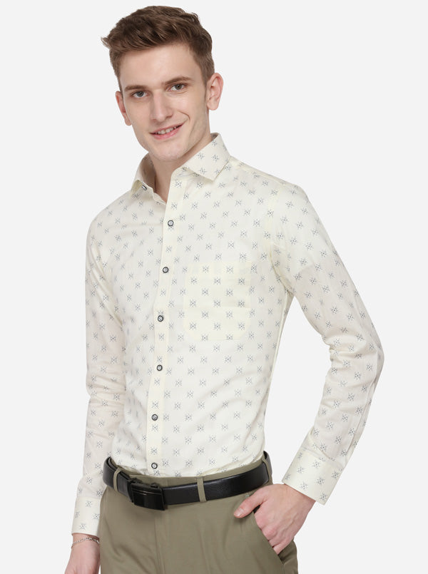 Cream Printed Slim Fit Formal Shirt | Greenfibre