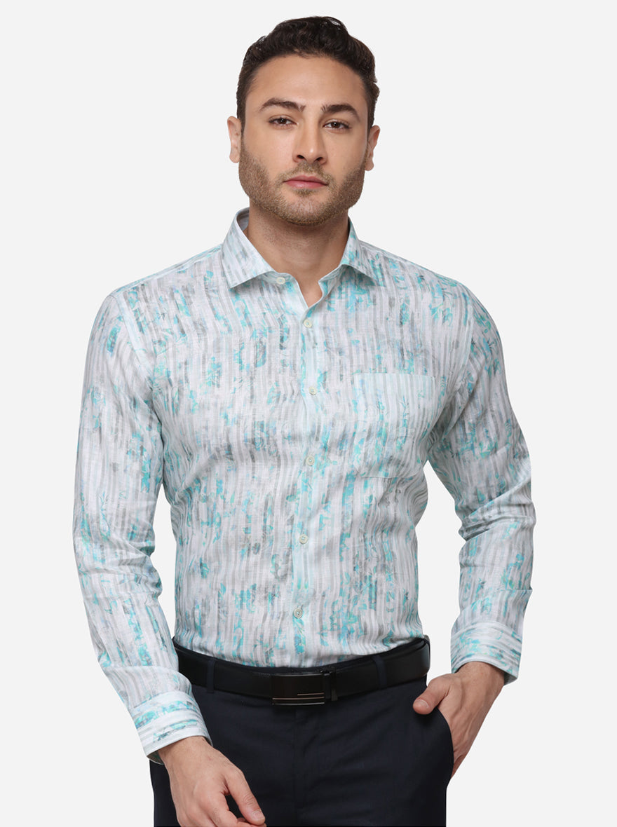 Aqua Blue & White Printed Slim Fit Formal Shirt | JadeBlue