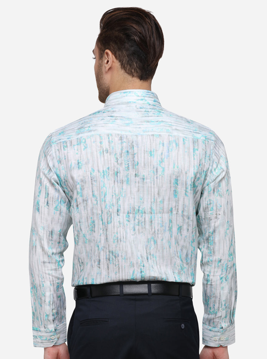 Aqua Blue & White Printed Slim Fit Formal Shirt | JadeBlue