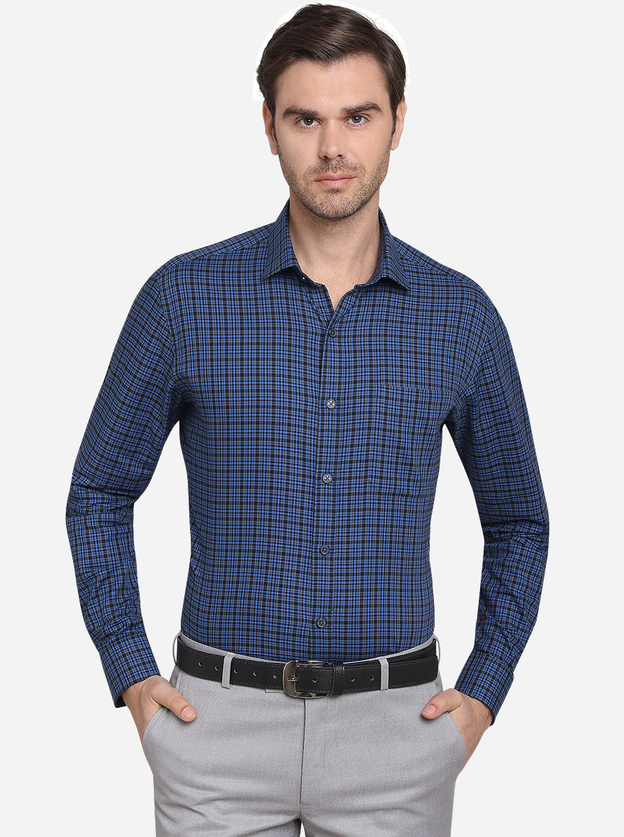 Teal Blue & Black Checked Slim Fit Formal Shirt  | JadeBlue