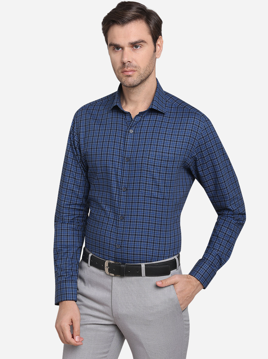 Teal Blue & Black Checked Slim Fit Formal Shirt  | JadeBlue