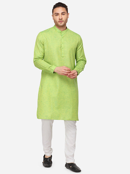 Lemon Green Self Textured Regular Fit Modi Kurta | JadeBlue