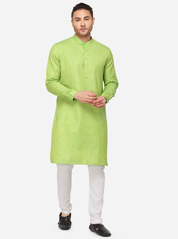 Lemon Green Self Textured Regular Fit Modi Kurta | JadeBlue