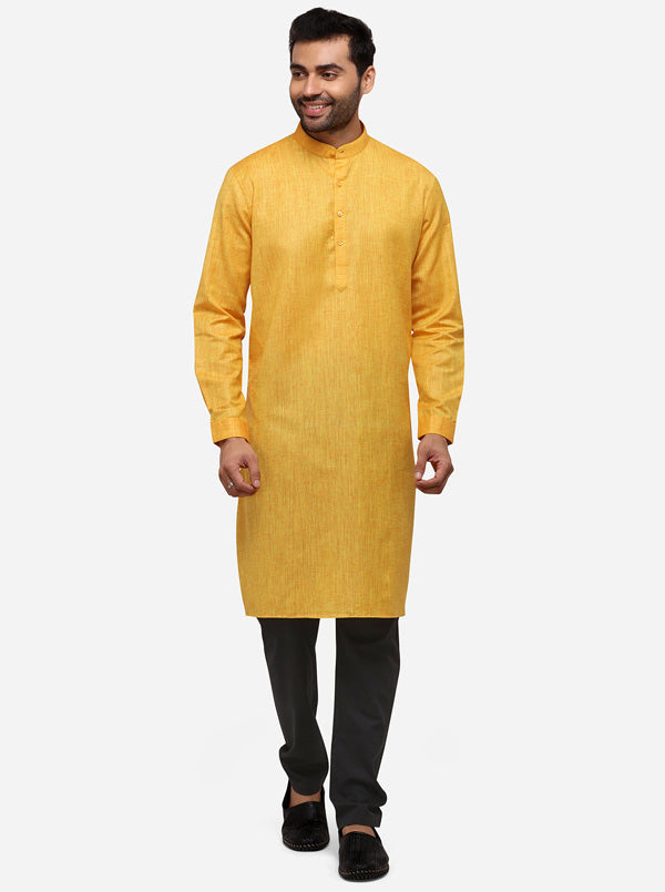 Yellow Self Textured Regular Fit Modi Kurta | JadeBlue