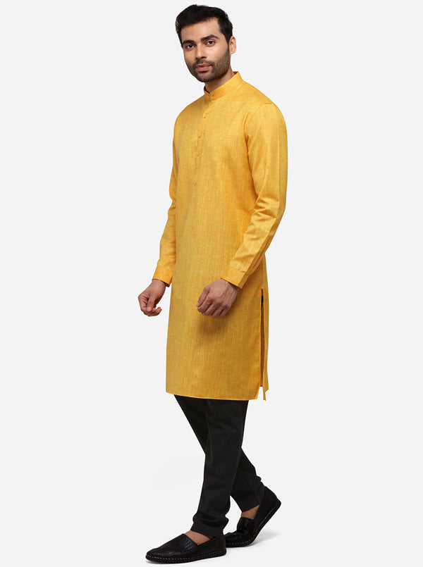 Yellow Self Textured Regular Fit Modi Kurta | JadeBlue