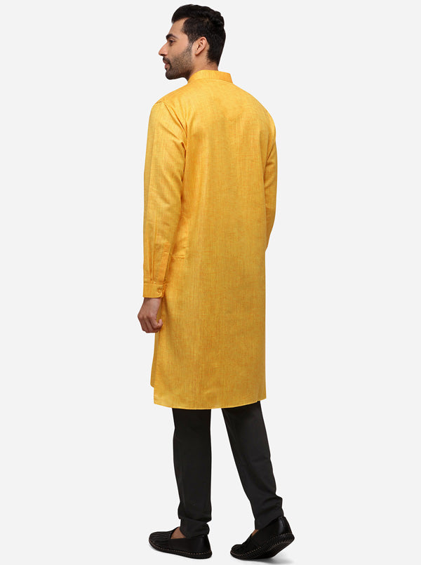 Yellow Self Textured Regular Fit Modi Kurta | JadeBlue