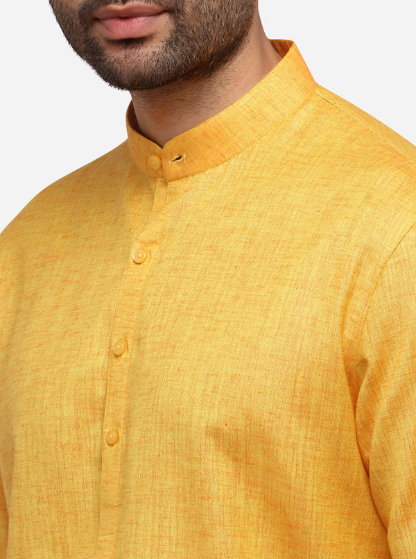 Yellow Self Textured Regular Fit Modi Kurta | JadeBlue