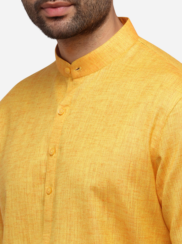 Yellow Self Textured Regular Fit Modi Kurta | JadeBlue