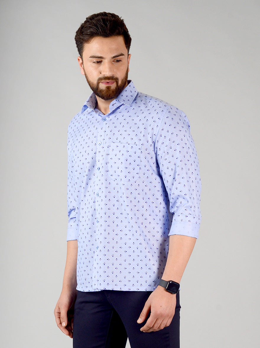 Blue Printed Regular Fit Formal Shirt | Greenfibre