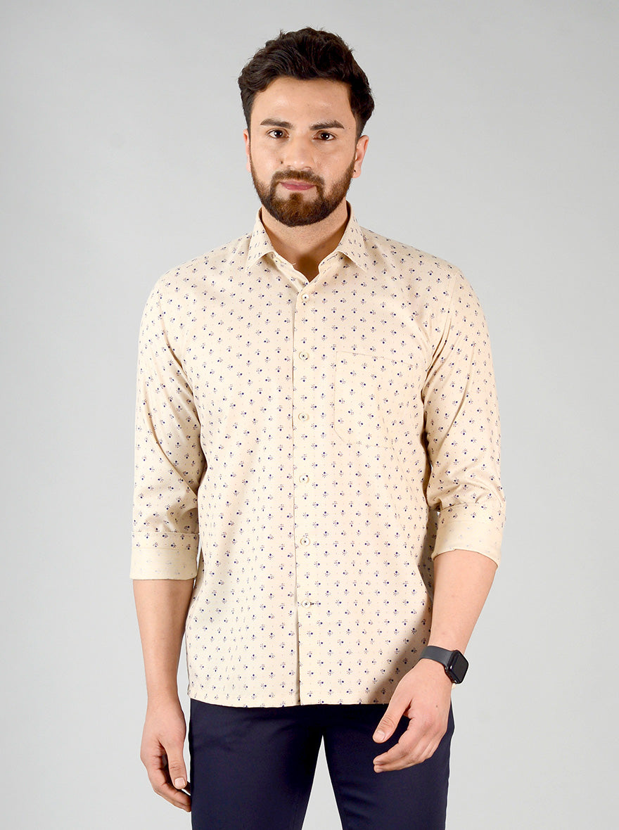 Beige Printed Regular Fit Formal Shirt | Greenfibre