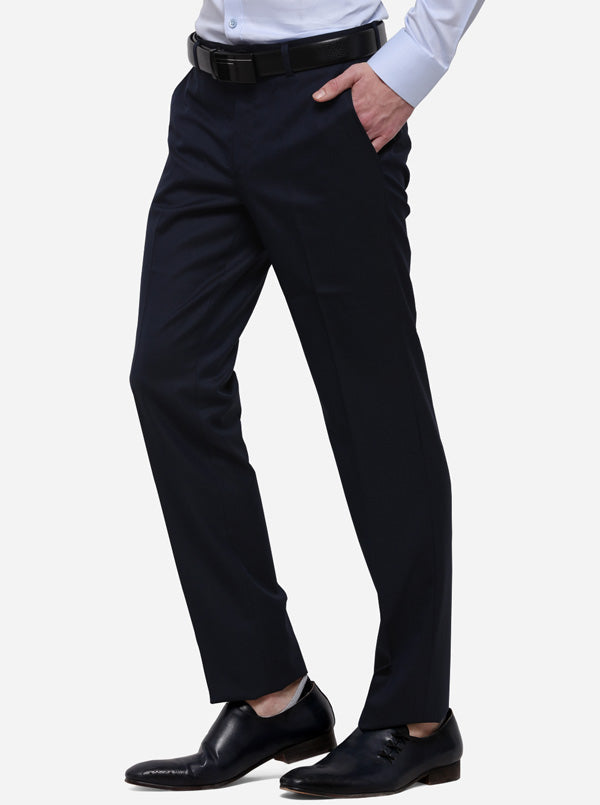 Navy Blue Solid Slim Fit Formal Trouser | Metal