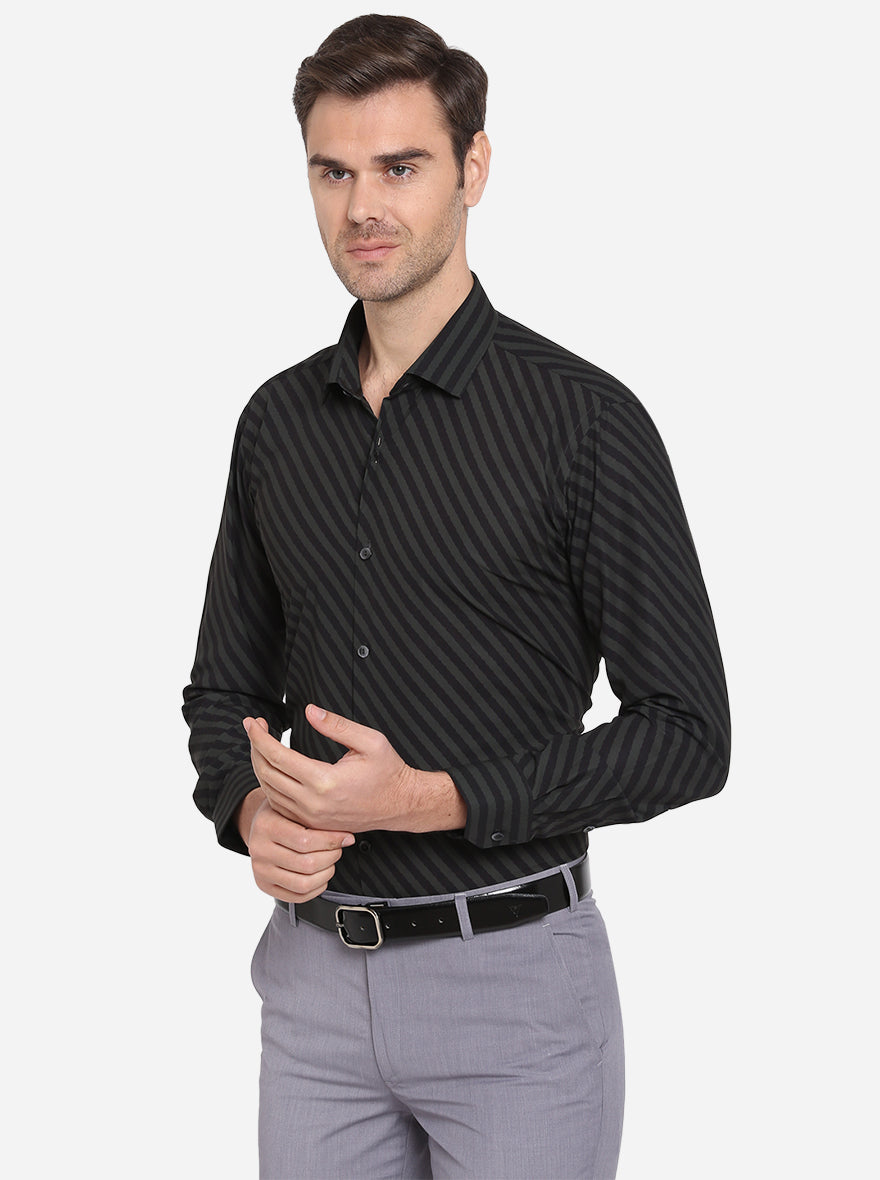 Black & Grey Striped Slim Fit Party Wear Shirt | JB Studio