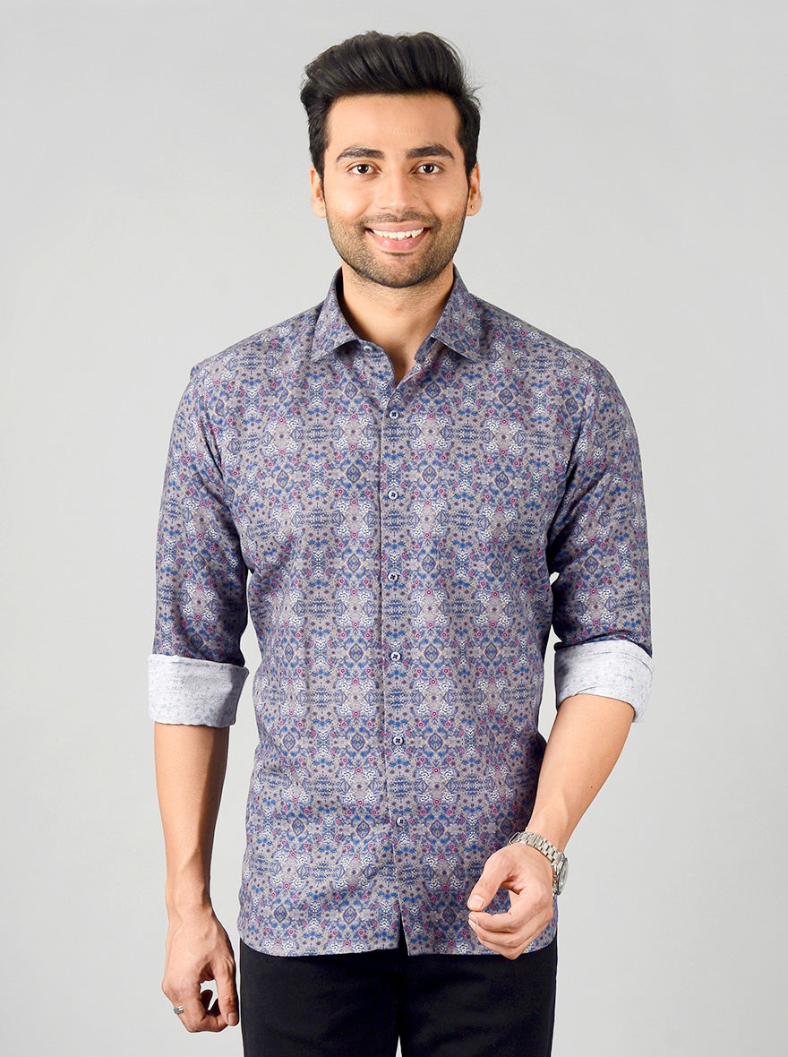 Blue & Grey Printed Slim Fit Party Wear Shirt | JB Studio