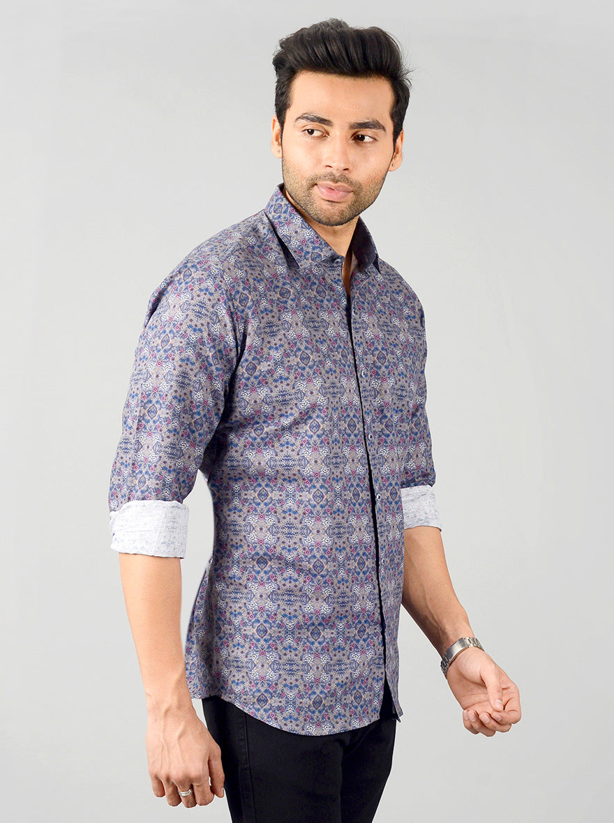 Blue & Grey Printed Slim Fit Party Wear Shirt | JB Studio