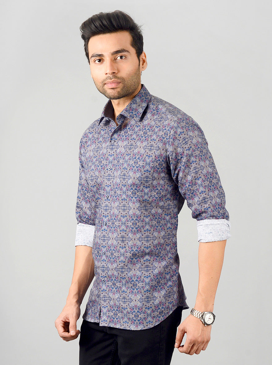 Blue & Grey Printed Slim Fit Party Wear Shirt | JB Studio