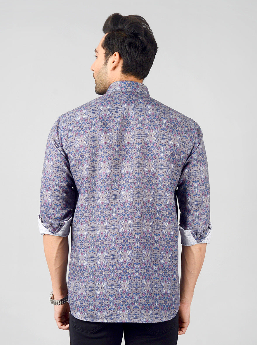 Blue & Grey Printed Slim Fit Party Wear Shirt | JB Studio