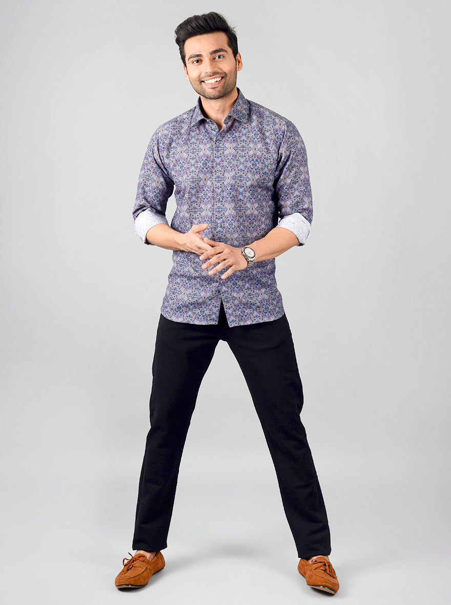 Blue & Grey Printed Slim Fit Party Wear Shirt | JB Studio